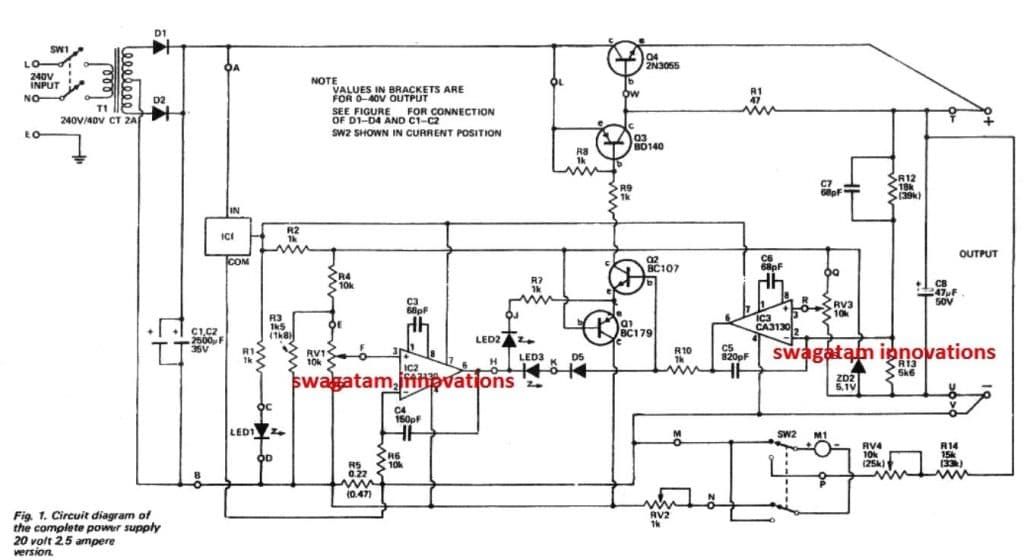 Diagrama de circuito de fuente de alimentación ajustable de 0-40 V