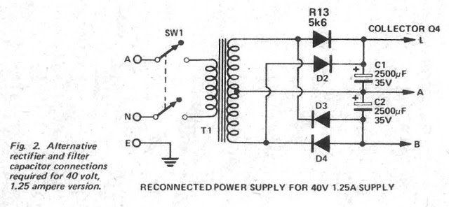 Pojedinosti ožičenja diodnog transformatora napajanja 0-40V