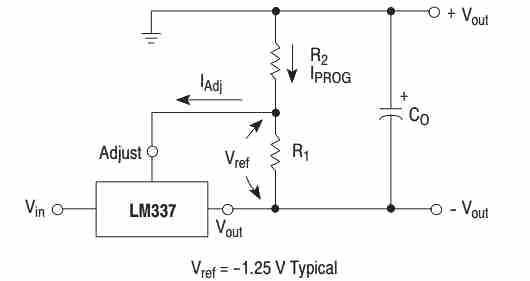 Circuito de aplicação básico do LM337 para fixar os valores do resistor programável