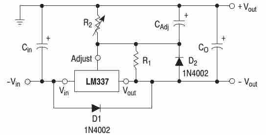 Circuito de aplicação LM337 mostrando como usar diodos de proteção
