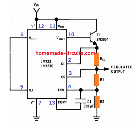 Podstawowy obwód regulatora napięcia IC 723 ze stałym napięciem wyjściowym i stałym prądem wyjściowym