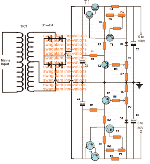 Circuito de fuente de alimentación dual variable de 0 a 50 V, 0 a 10 amperios