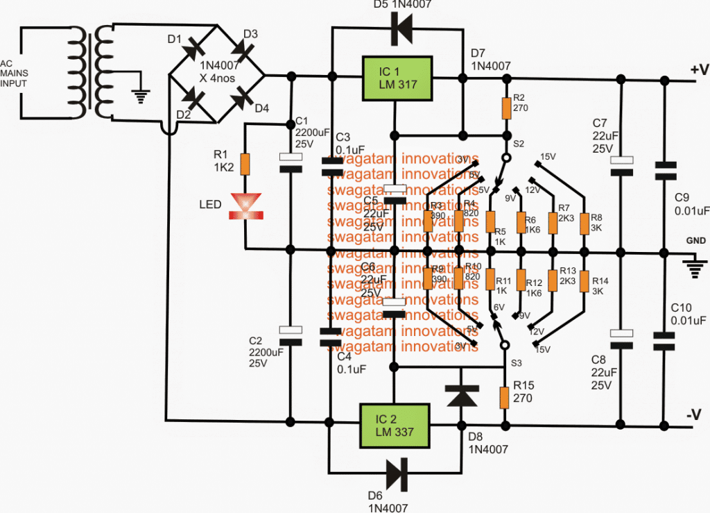 Nastavitelný duální napájecí obvod 3V, 5V, 6V, 9V, 12V, 15V