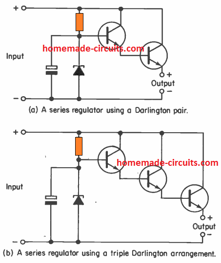 Силен токов транзисторен сериен регулатор, използващ транзистори от Дарлингтън
