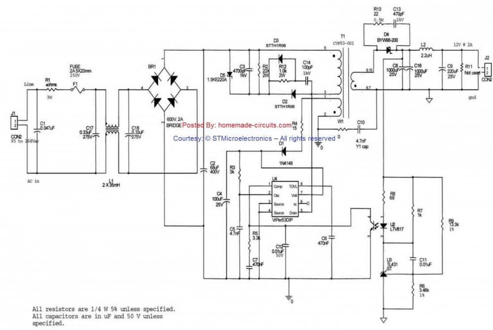 VIPer53-E 12V 2 amp 24 వాట్ SMPS సర్క్యూట్