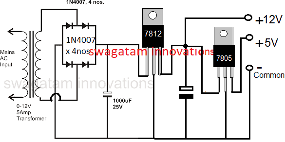 12, 5V reguleret strømforsyningskredsløb ved hjælp af IC 7812 og IC 7805