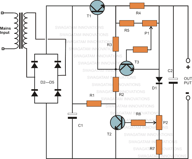 Променливо напрежение, верига на токово захранване с транзистор 2N3055