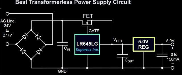 IC LR645LG, som effektivt reducerer 220V til 15 volt ved 3 mA.