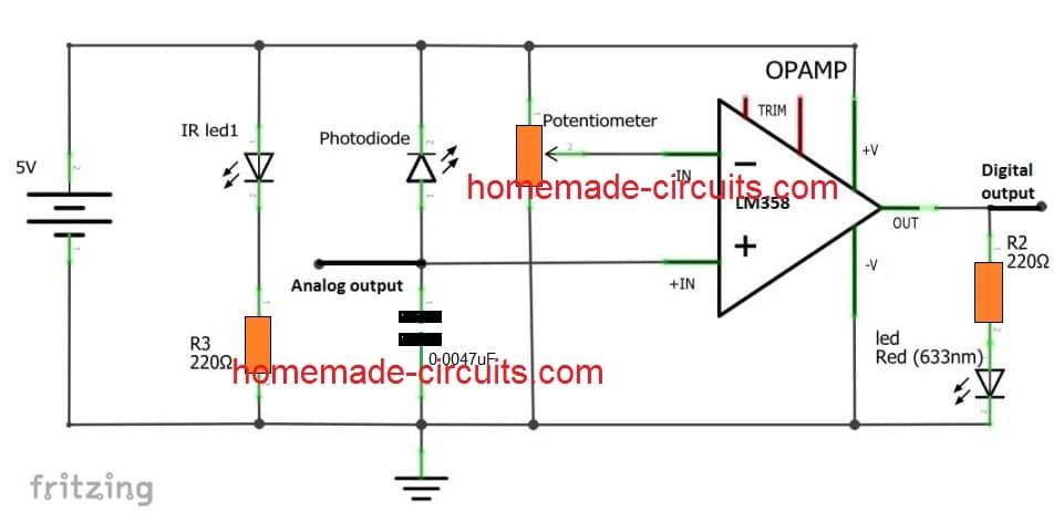 circuito sensor de proximidade IR simples usando opamp