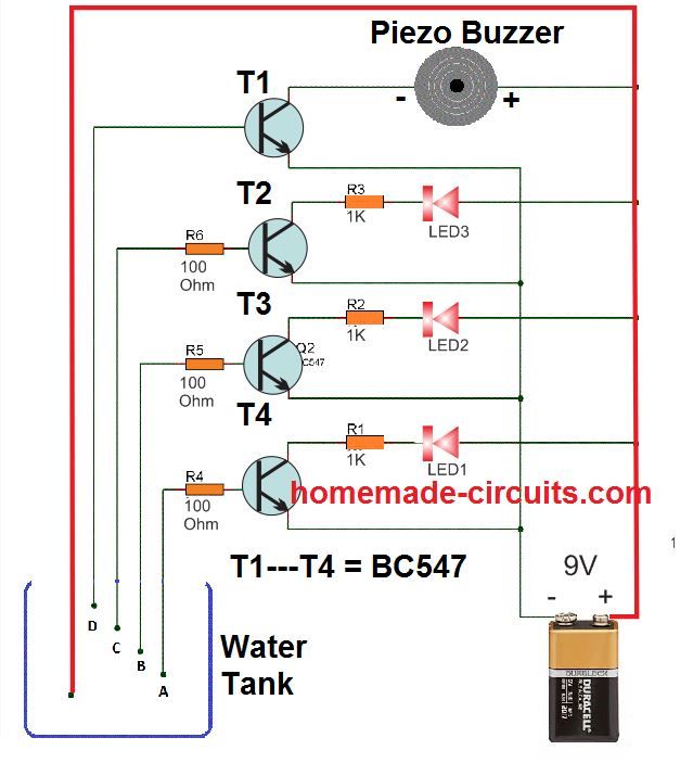 транзисторизирана верига за индикатор за нивото на водата с помощта на BC547 и светодиоди