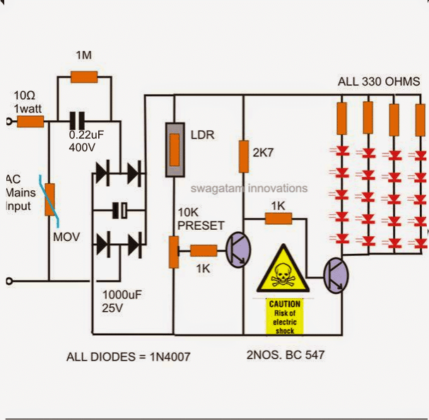 automatická noční lampa se dvěma tranzistory, beztransformátorová LDR