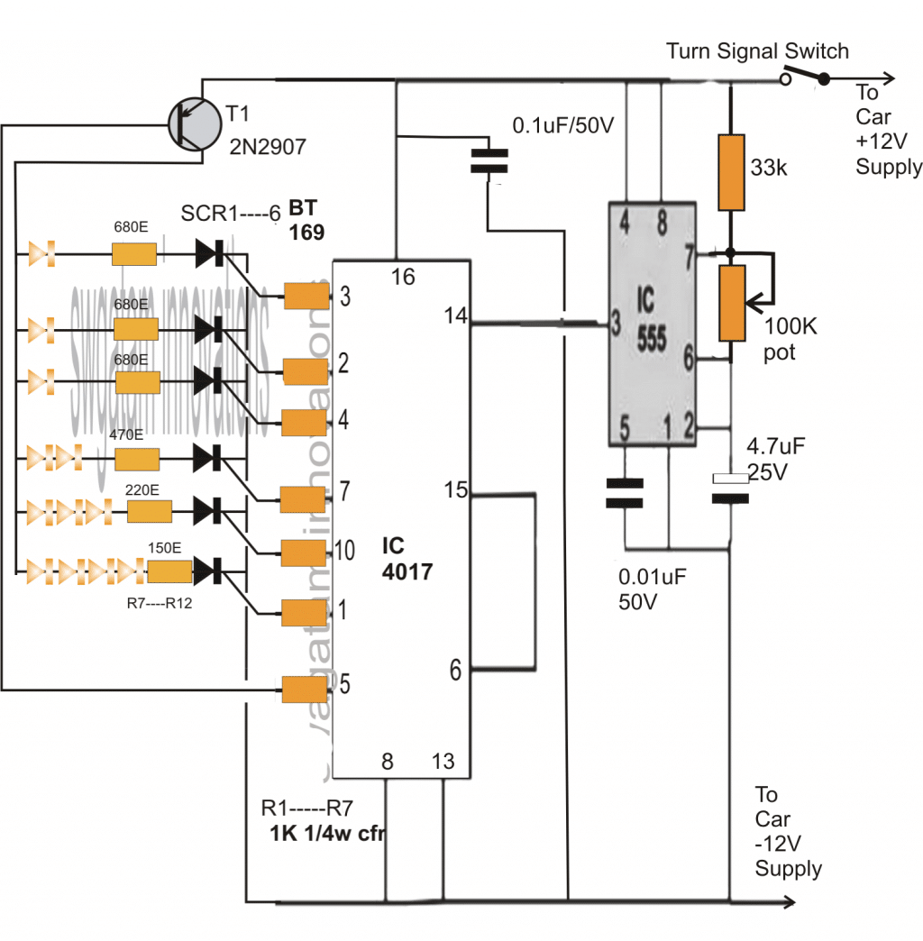 Circuito indicador de luz de direção de gráfico de barras sequencial para carro