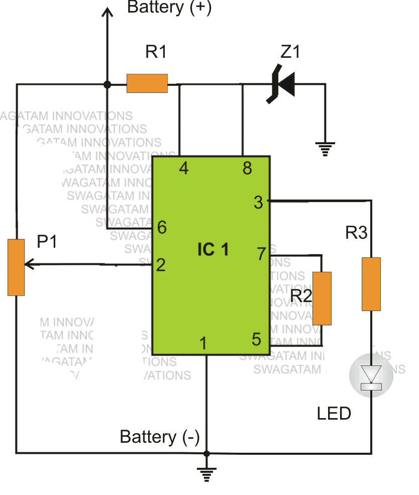 Obvod indikátoru vybité baterie IC 555