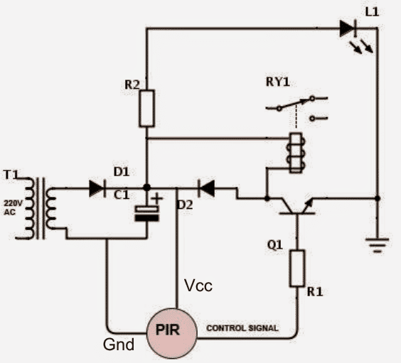 ühe transistori PIR-relee aktiveerimisahel