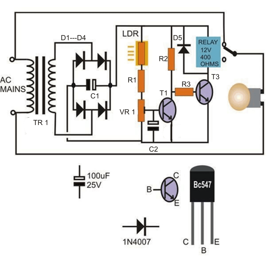 Автоматична верига за превключване на дневна и нощна лампа с транзистори и реле
