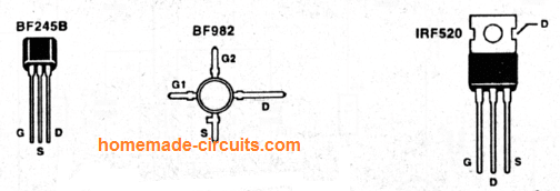 BF982, BF245, IRF520 pin detaljer