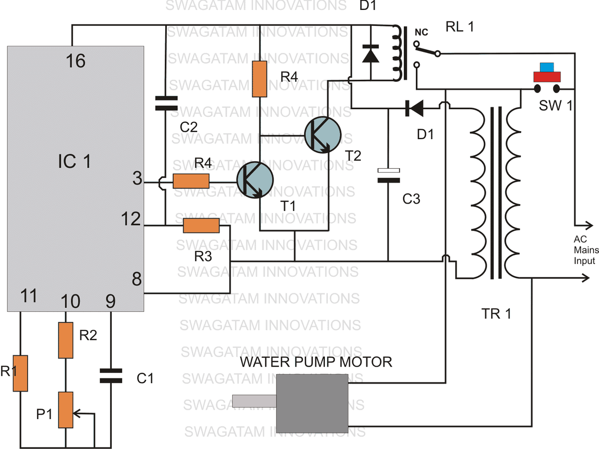 Circuito controlador de nível de água baseado em temporizador