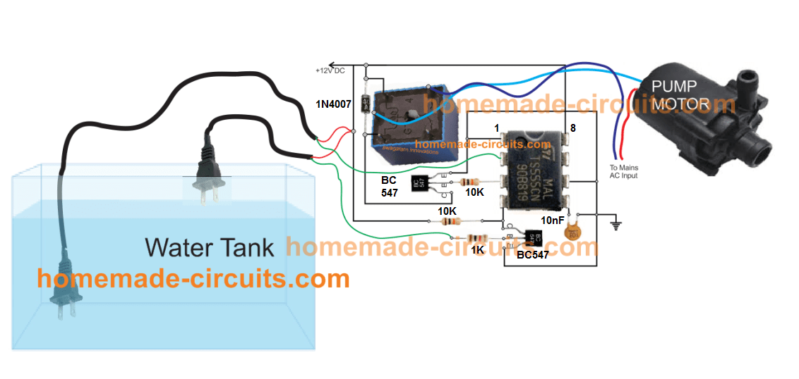 circuito controlador de nível de água IC 555 simples e automático