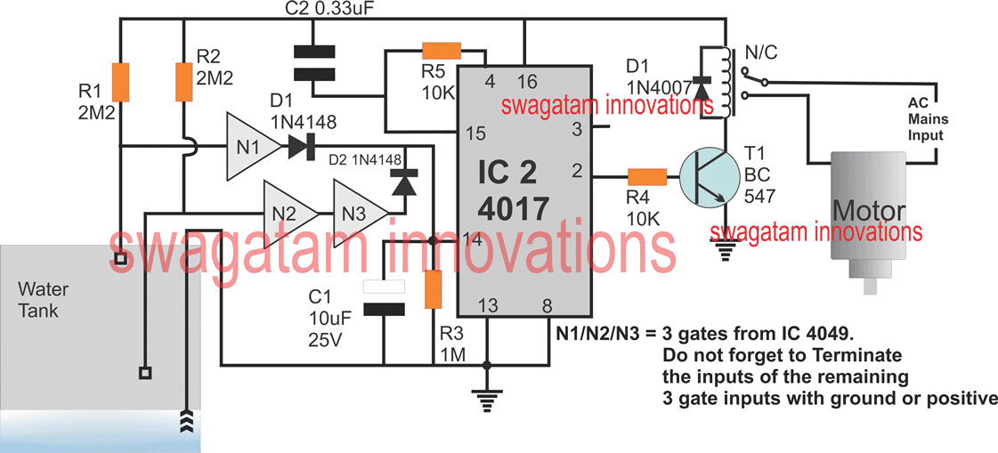 Circuito de controle automático de nível de água baseado em IC 4017